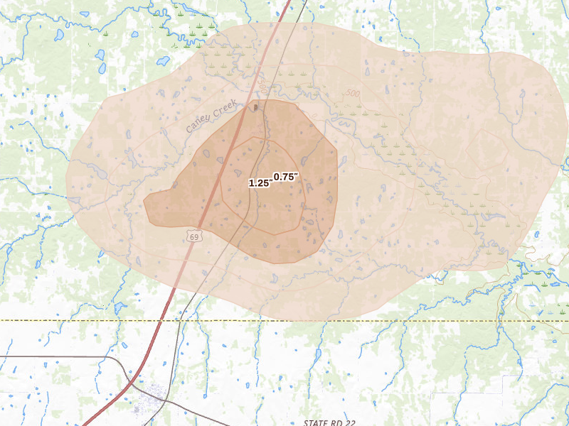 Radar-estimated hail-size map of the storm over Caney, OK on Jun 23, 2026