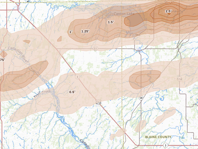 Radar-estimated hail-size map of the storm over Canton, OK on Apr 17, 2026