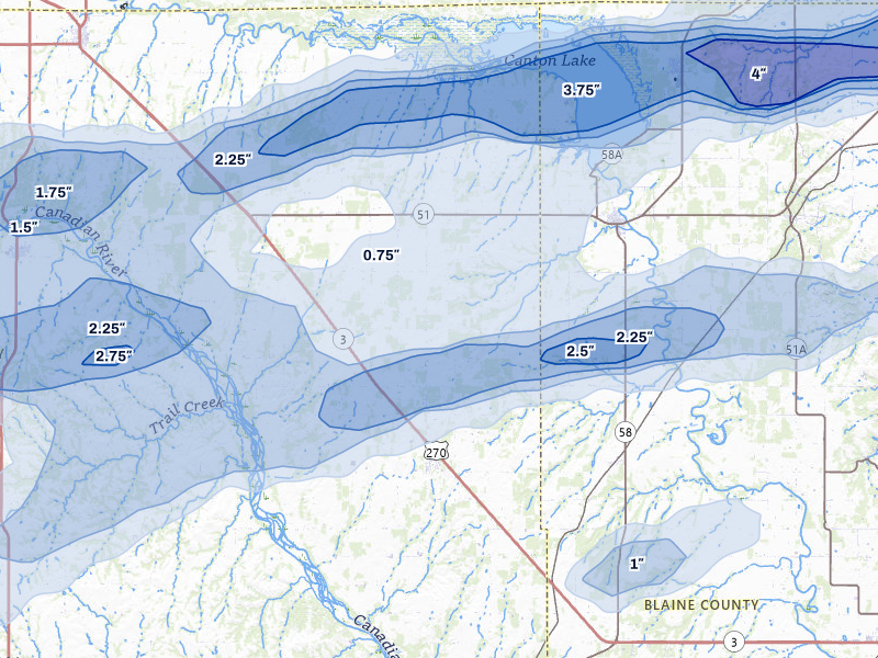 NEXRAD radar-signature map of the hail over Canton, OK