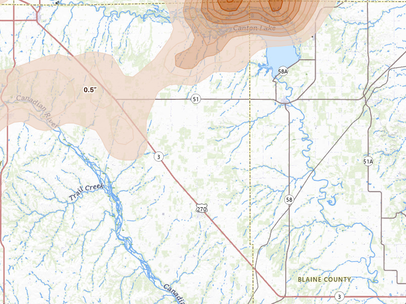 Radar-estimated hail-size map of the storm over Canton, OK on May 31, 2026