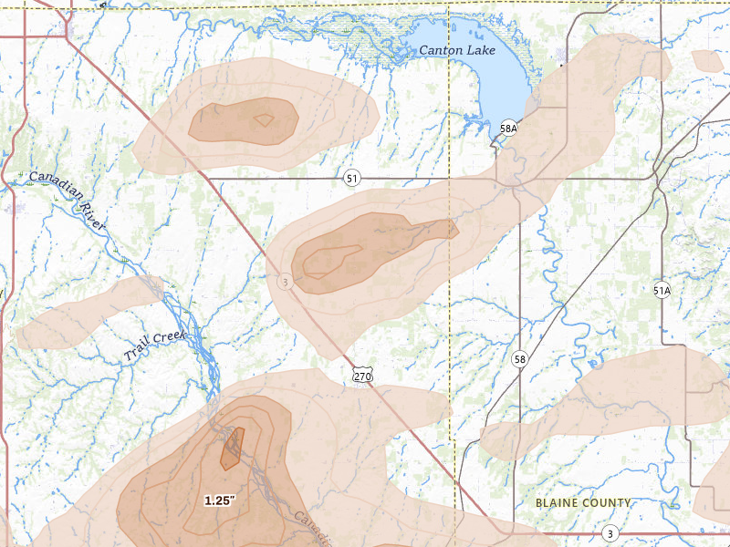 Radar-estimated hail-size map of the storm over Canton, OK on Jun 26, 2026