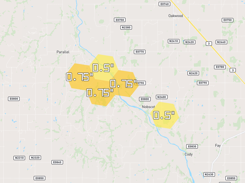 Hail map of Canton, OK on Jun 26, 2026, hail up to 0.75"