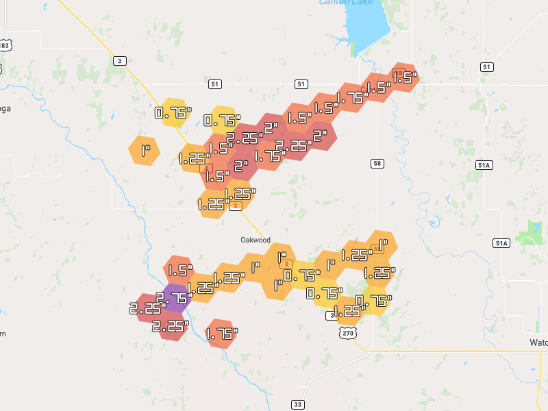 Hail map of Canton, OK on Jun 27, 2026, hail up to 2.75"