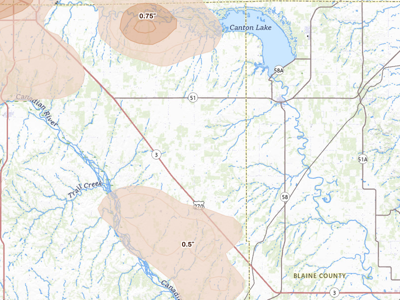 Radar-estimated hail-size map of the storm over Canton, OK on Jul 4, 2026