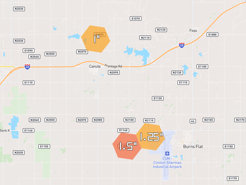 Hail map of Canute, OK on Jun 4, 2026, hail up to 1.5"