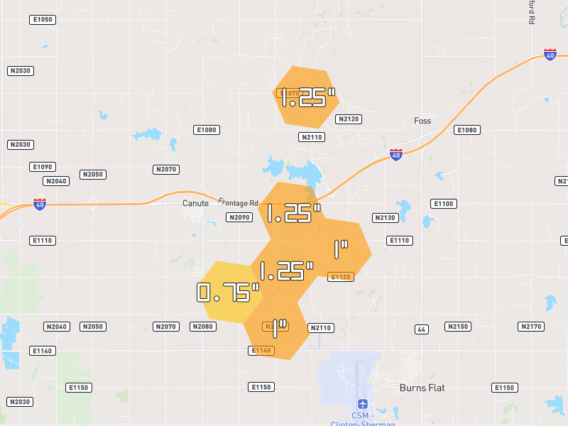 Hail map of Canute, OK on Jun 5, 2026, hail up to 1.25"