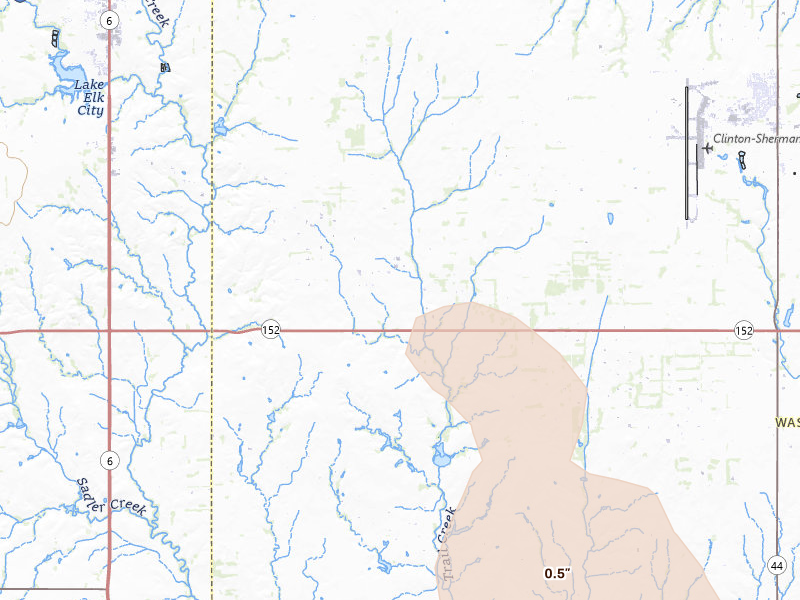 Radar-estimated hail-size map of the storm over Canute, OK on Jul 4, 2026