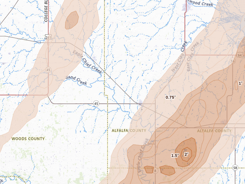 Radar-estimated hail-size map of the storm over Carmen, OK on Mar 5, 2026