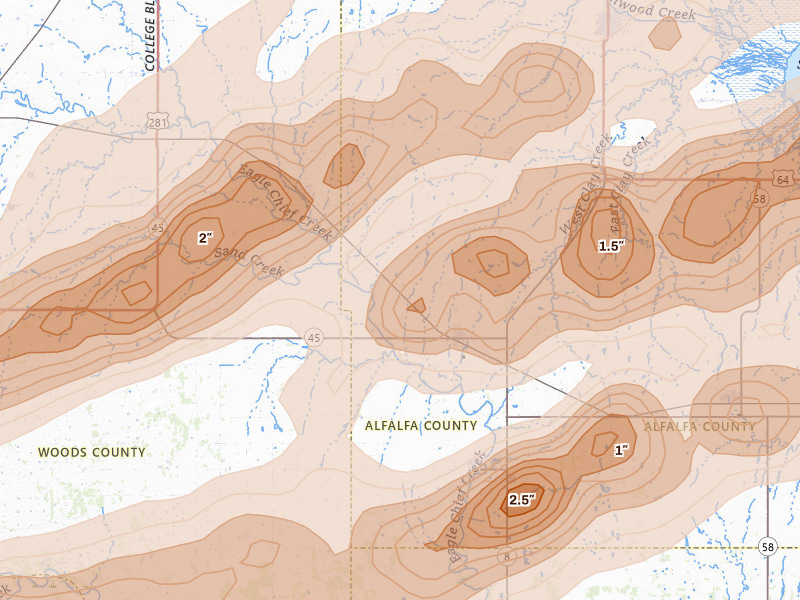 Radar-estimated hail-size map of the storm over Carmen, OK on Apr 17, 2026