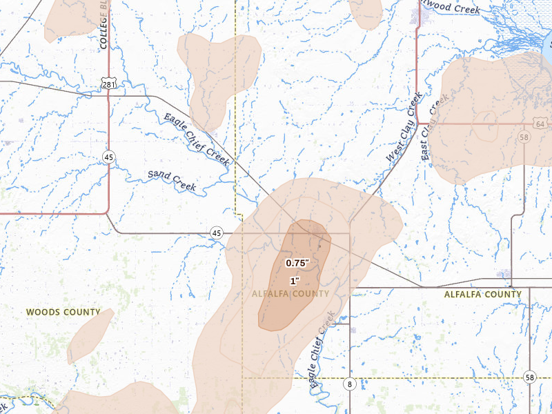 Radar-estimated hail-size map of the storm over Carmen, OK on Jun 12, 2026
