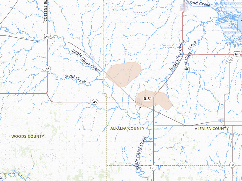 Radar-estimated hail-size map of the storm over Carmen, OK on Jun 24, 2026