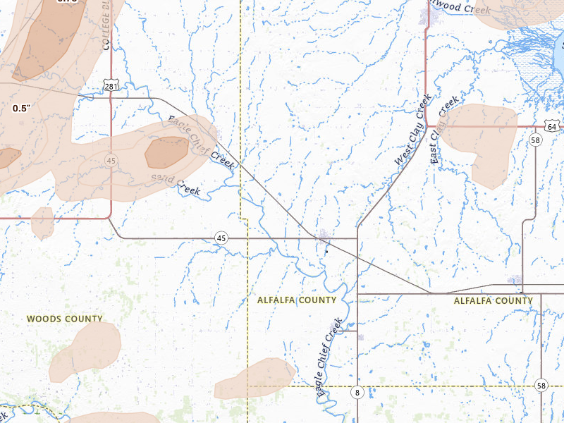 Radar-estimated hail-size map of the storm over Carmen, OK on Jun 26, 2026