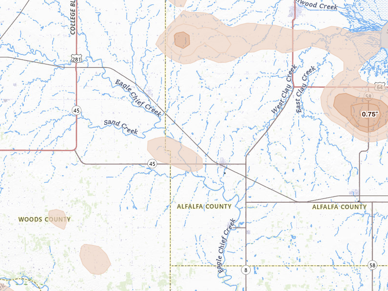 Radar-estimated hail-size map of the storm over Carmen, OK on Jul 4, 2026