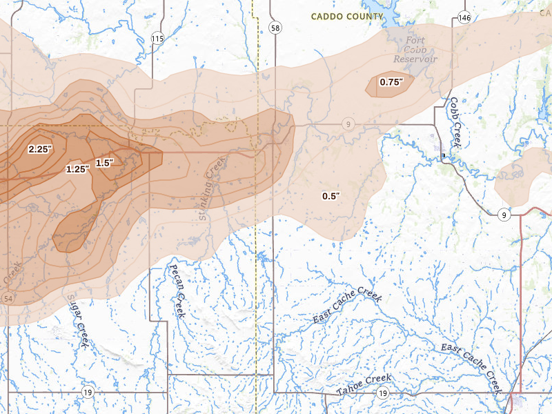 Radar-estimated hail-size map of the storm over Carnegie, OK on Apr 3, 2026