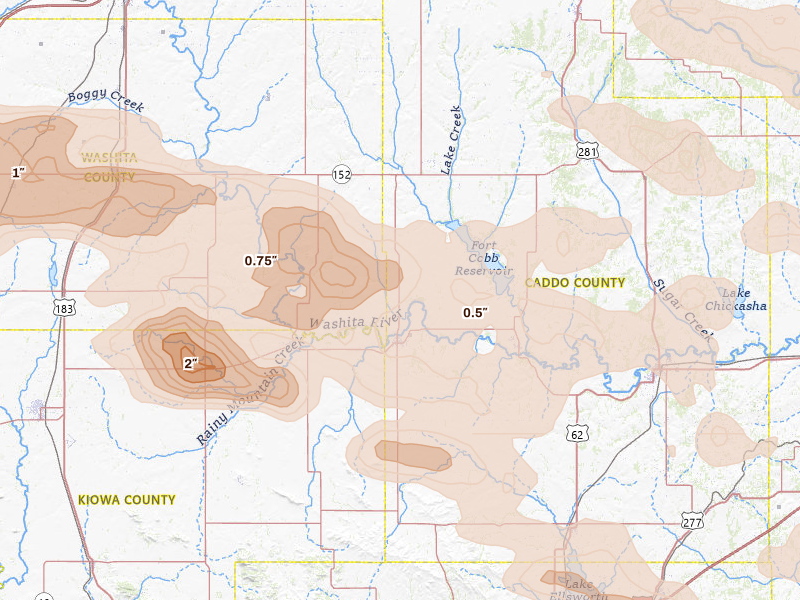 Radar-estimated hail-size map of the storm over Carnegie, OK on May 9, 2026