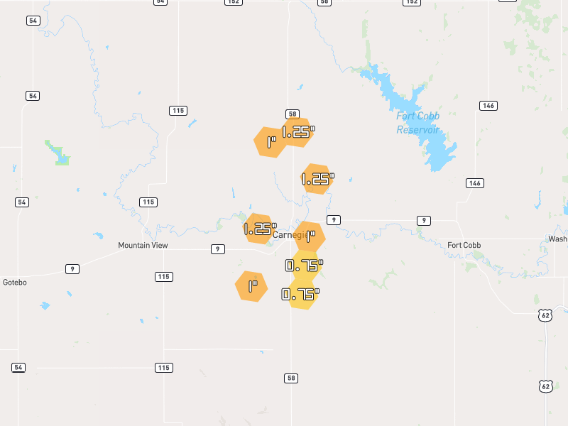 Hail map of Carnegie, OK on Jul 5, 2026, hail up to 1.25"