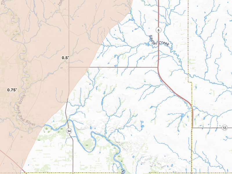 Radar-estimated hail-size map of the storm over Carter, OK on Apr 14, 2026