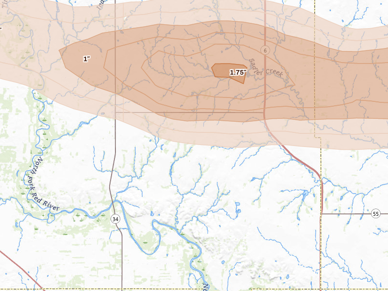 Radar-estimated hail-size map of the storm over Carter, OK on May 9, 2026