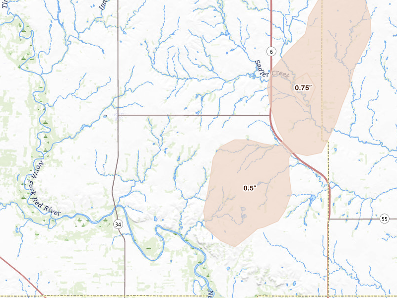 Radar-estimated hail-size map of the storm over Carter, OK on May 18, 2026