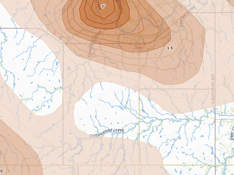 Radar-estimated hail-size map of the storm over Cashion, OK on Jun 26, 2026