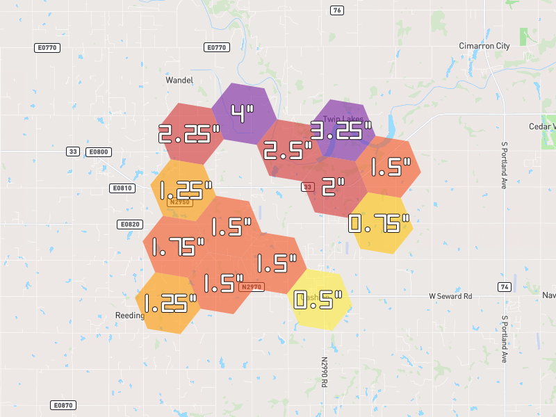 Hail map of Cashion, OK on Jun 27, 2026, hail up to 4"