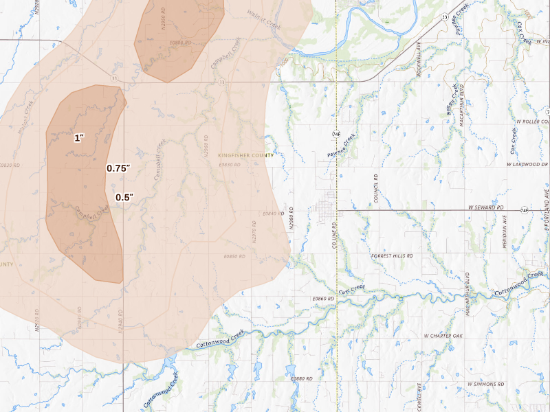 Radar-estimated hail-size map of the storm over Cashion, OK