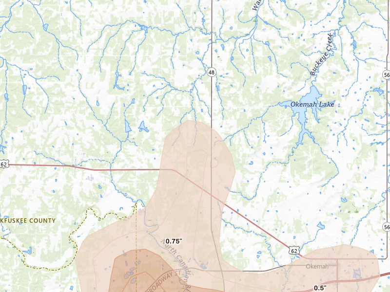 Radar-estimated hail-size map of the storm over Castle, OK on Aug 7, 2026