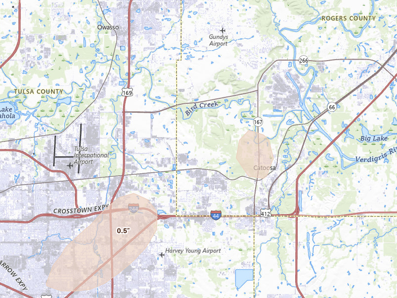 Radar-estimated hail-size map of the storm over Catoosa, OK on Jun 23, 2026