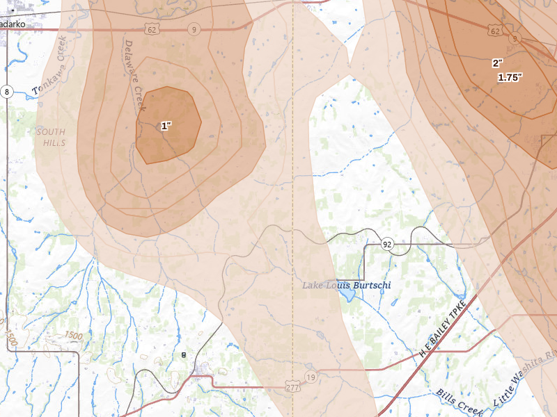 Radar-estimated hail-size map of the storm over Cement, OK on May 8, 2026