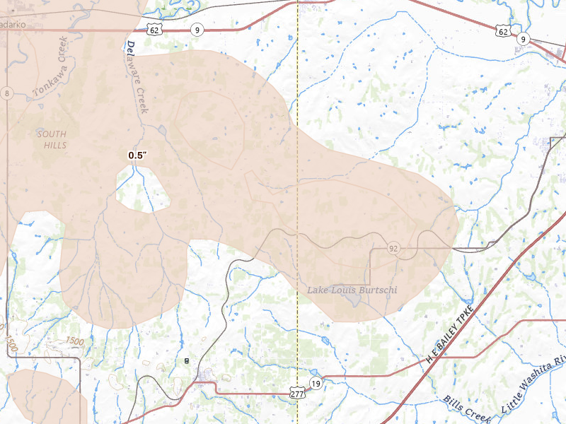 Radar-estimated hail-size map of the storm over Cement, OK on Jun 11, 2026