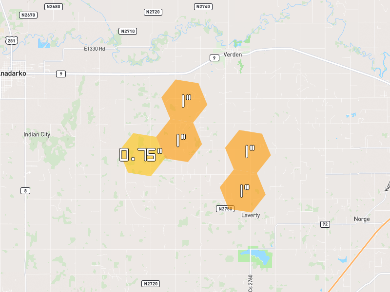 Hail map of Cement, OK on Jul 5, 2026, hail up to 1"