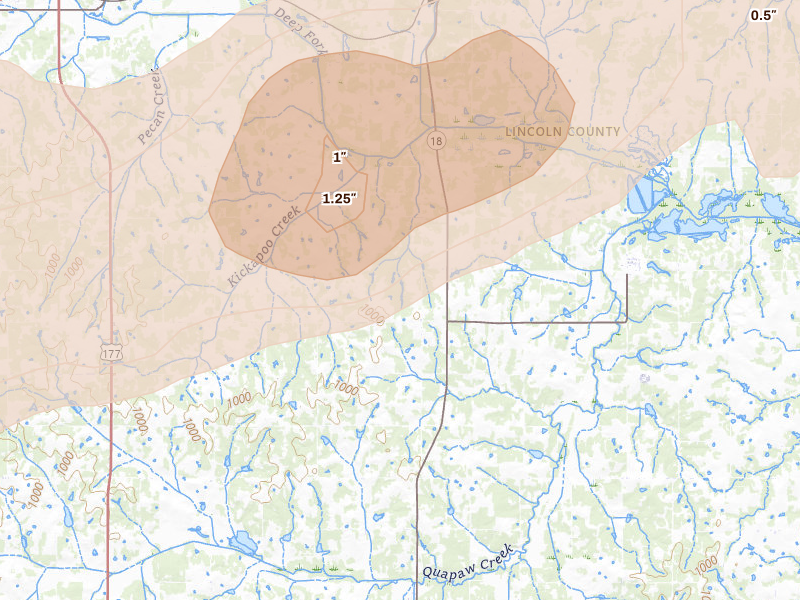 Radar-estimated hail-size map of the storm over Chandler, OK on Mar 10, 2026