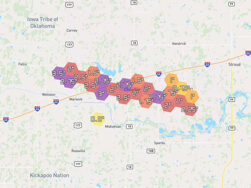 Hail map of Chandler, OK on Jun 27, 2026, hail up to 3.5"