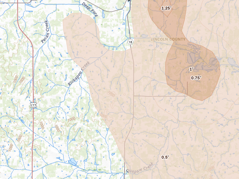 Radar-estimated hail-size map of the storm over Chandler, OK on Jul 4, 2026