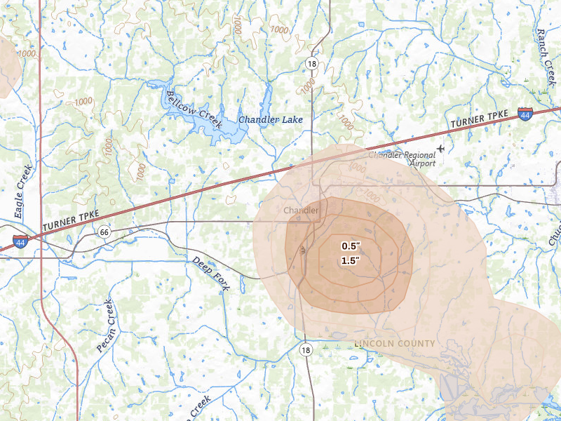 Radar-estimated hail-size map of the storm over Chandler, OK on Aug 7, 2026