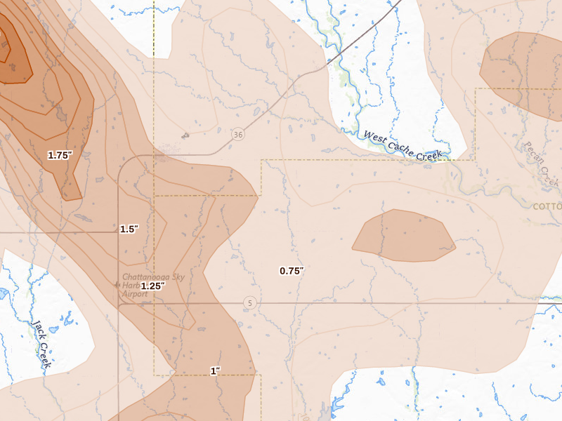 Radar-estimated hail-size map of the storm over Chattanooga, OK on May 8, 2026