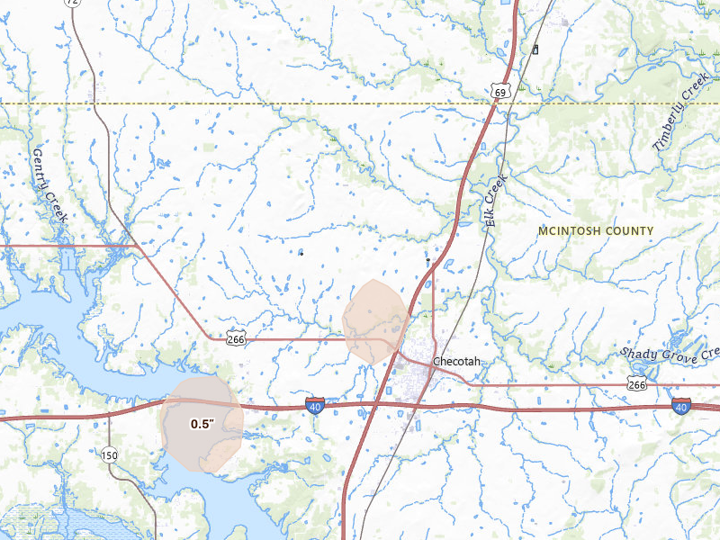 Radar-estimated hail-size map of the storm over Checotah, OK on Apr 17, 2026
