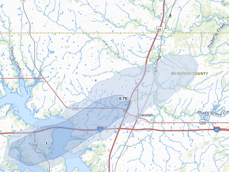 NEXRAD radar-signature map of the hail over Checotah, OK