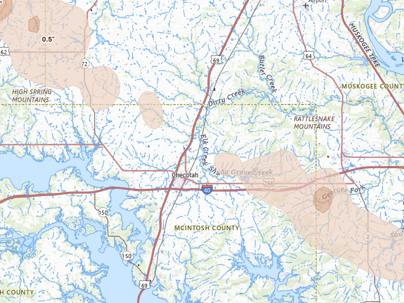 Radar-estimated hail-size map of the storm over Checotah, OK on May 8, 2026
