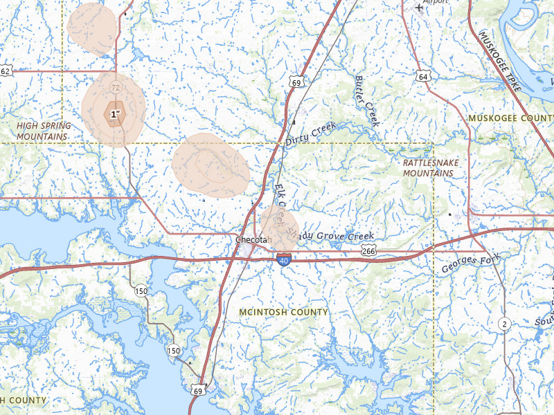 Radar-estimated hail-size map of the storm over Checotah, OK on Jun 1, 2026