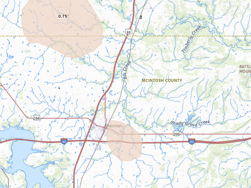 Radar-estimated hail-size map of the storm over Checotah, OK on Aug 20, 2026