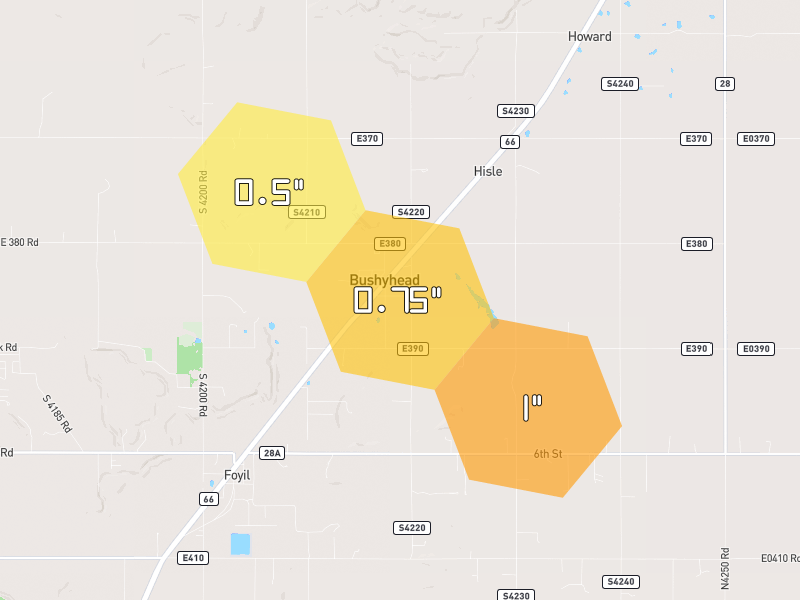 Hail map of Chelsea, OK on Jun 3, 2026, hail up to 1"