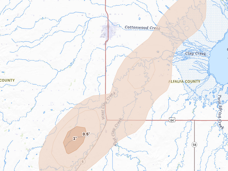 Radar-estimated hail-size map of the storm over Cherokee, OK on Mar 10, 2026