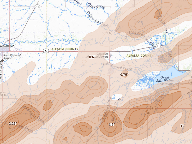 Radar-estimated hail-size map of the storm over Cherokee, OK on Apr 17, 2026