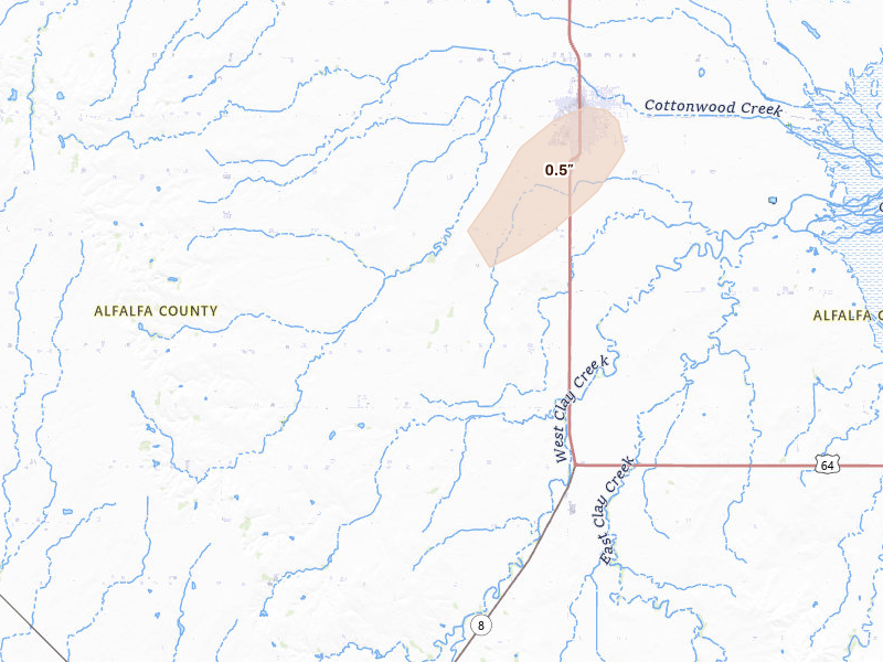 Radar-estimated hail-size map of the storm over Cherokee, OK on May 29, 2026