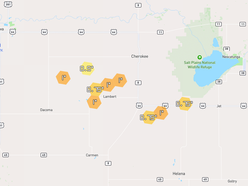 Hail map of Cherokee, OK on Jun 2, 2026, hail up to 1"
