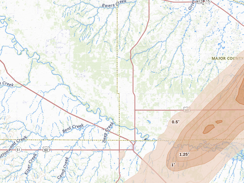 Radar-estimated hail-size map of the storm over Chester, OK on Mar 5, 2026