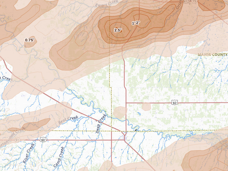 Radar-estimated hail-size map of the storm over Chester, OK on Apr 17, 2026