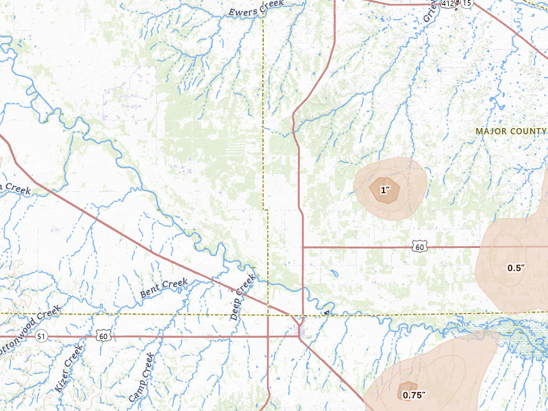 Radar-estimated hail-size map of the storm over Chester, OK on May 22, 2026