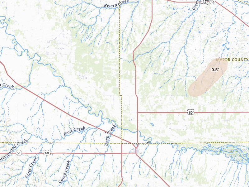 Radar-estimated hail-size map of the storm over Chester, OK on May 29, 2026